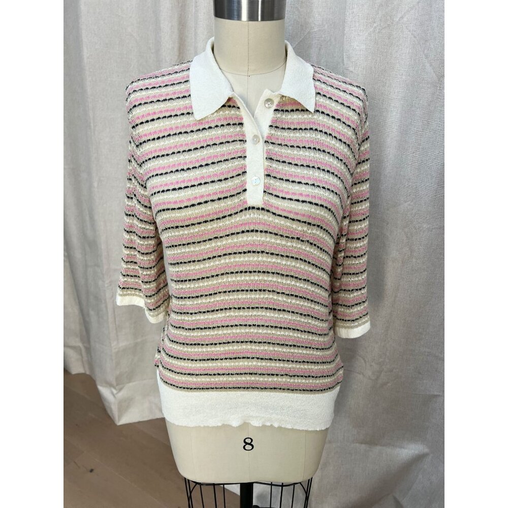 Sita Murt Striped Knit Polo Shirt 3/4 Sleeve Open Weave Knit Size M